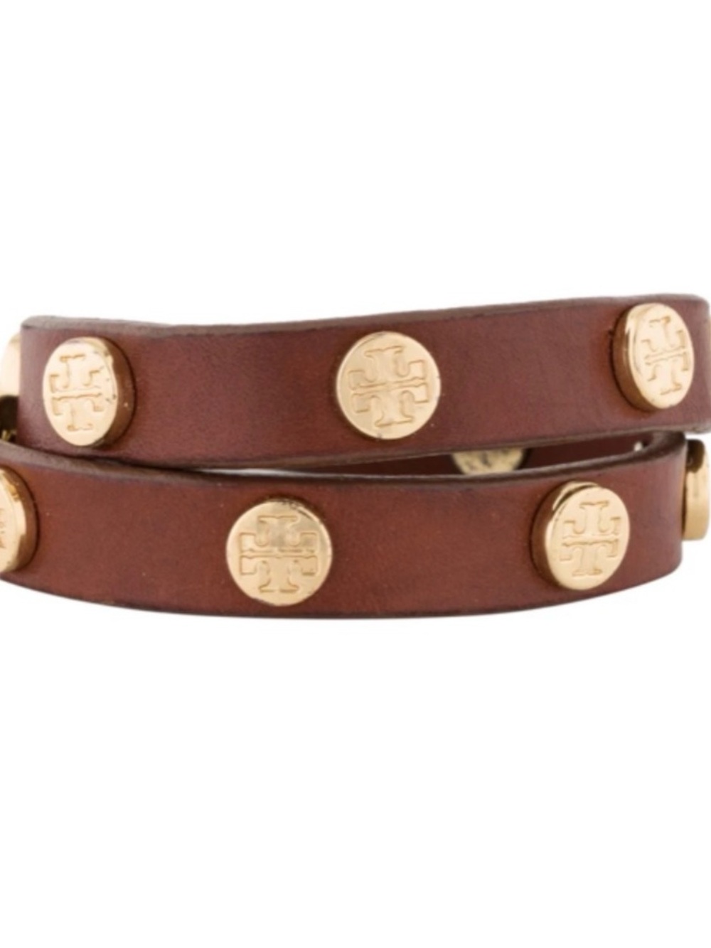 Tory Burch Brown Leather Double-Wrap Bracelet with Gold Logo Studs